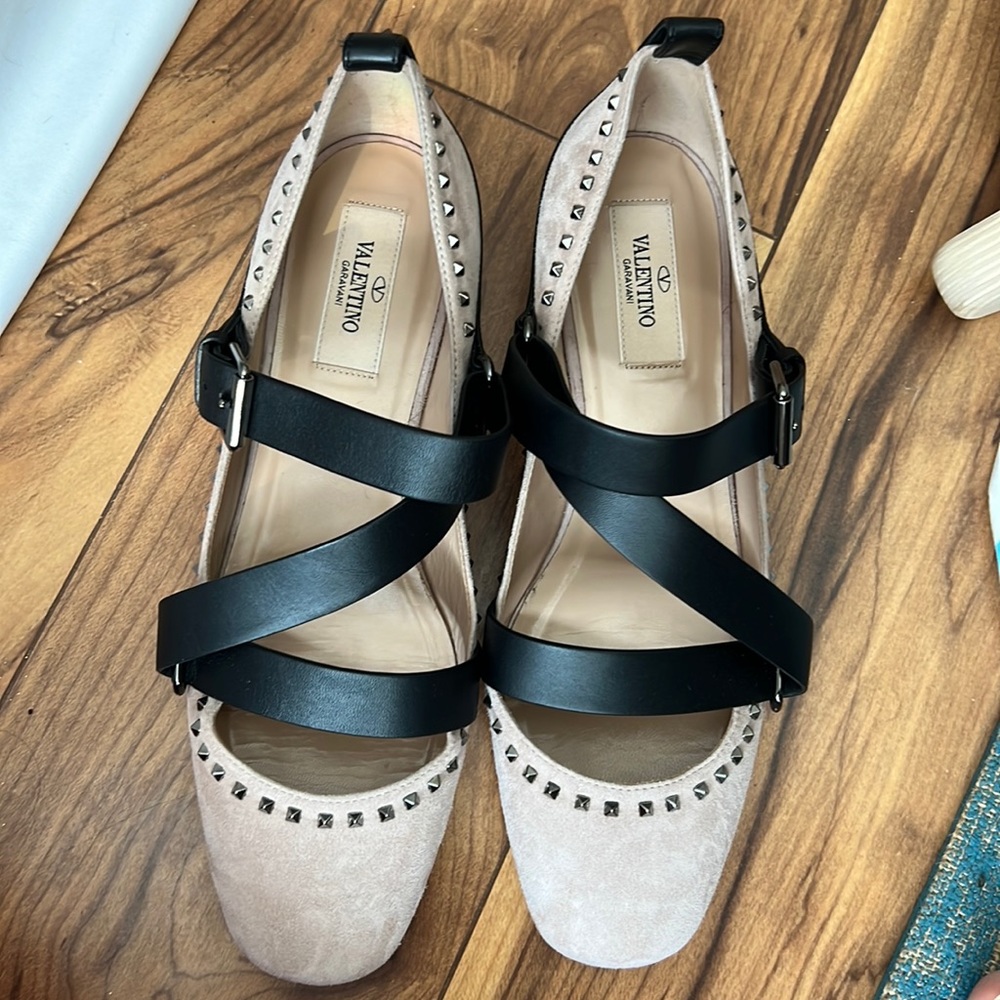 Valentino Ballerina size 37, black leather, nude suede and silver studs.